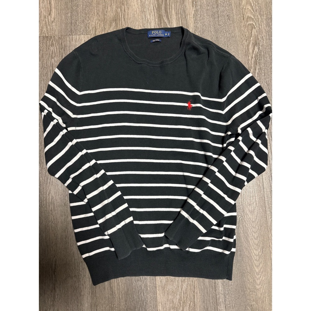 Polo Ralph Lauren Pima Cotton Striped Crewneck Sweater Navy White Mens Medium